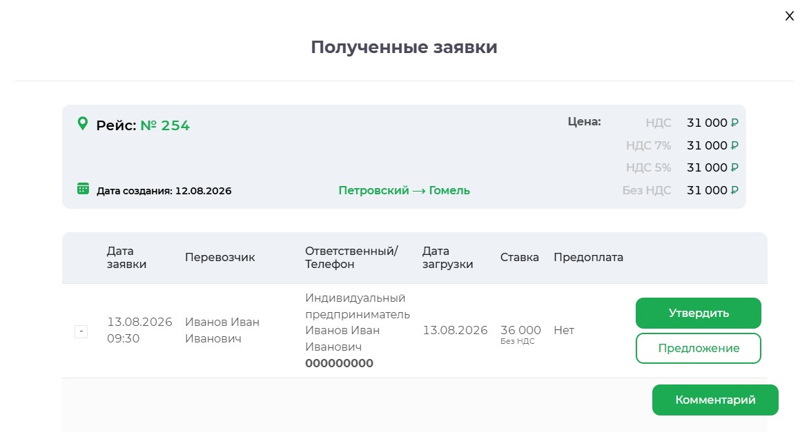 Окно полученных заявок от перевозчиков