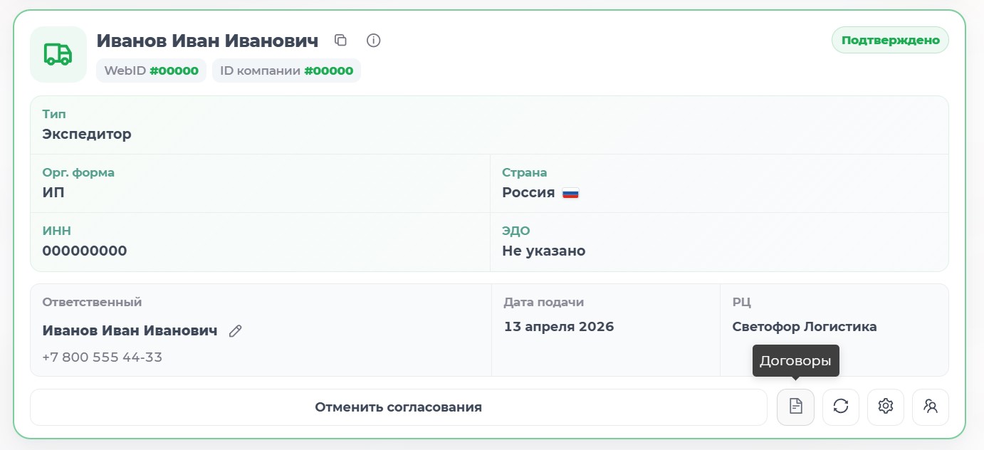 Карточка юридического лица и переход к договорам