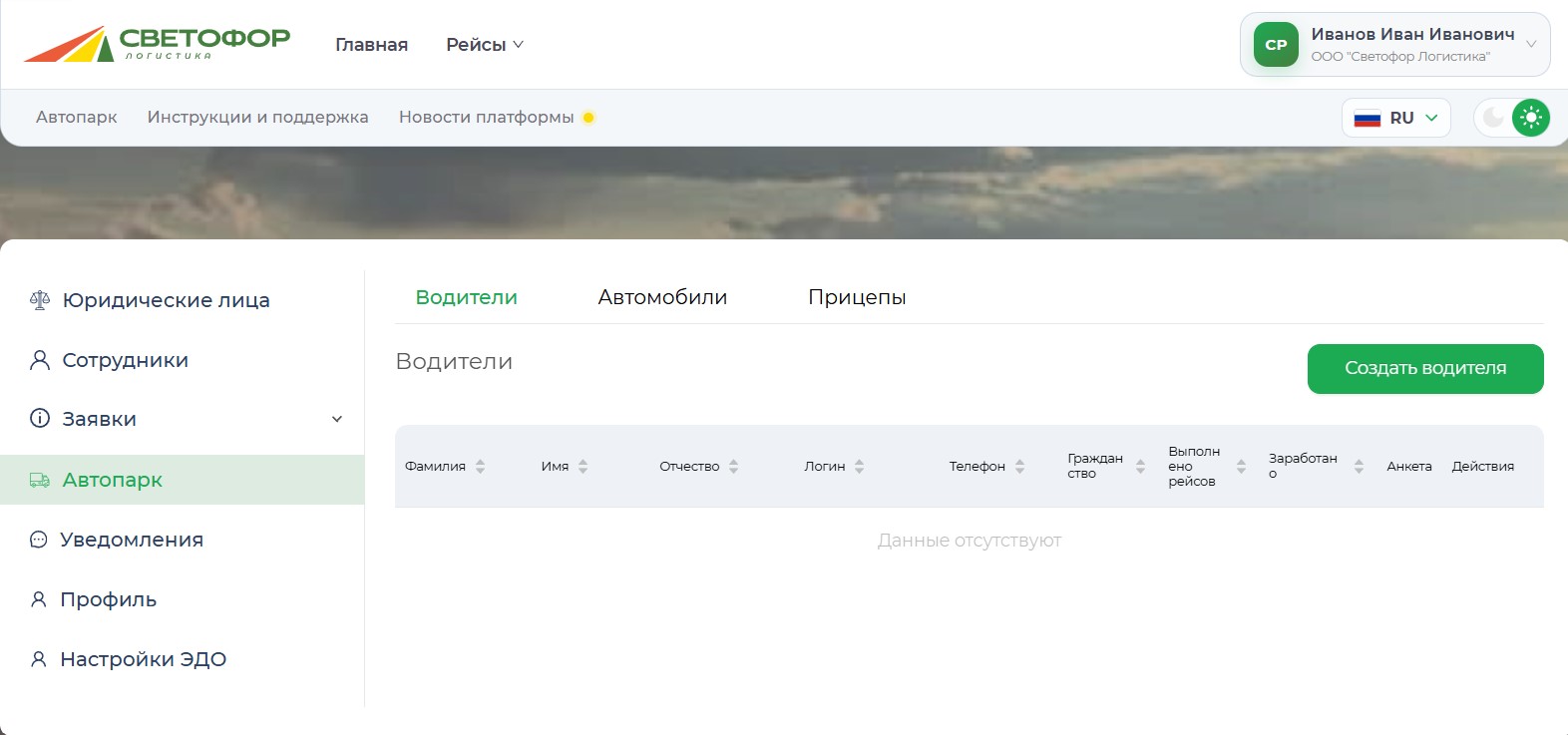 Раздел «Автопарк» с водителями, автомобилями и прицепами
