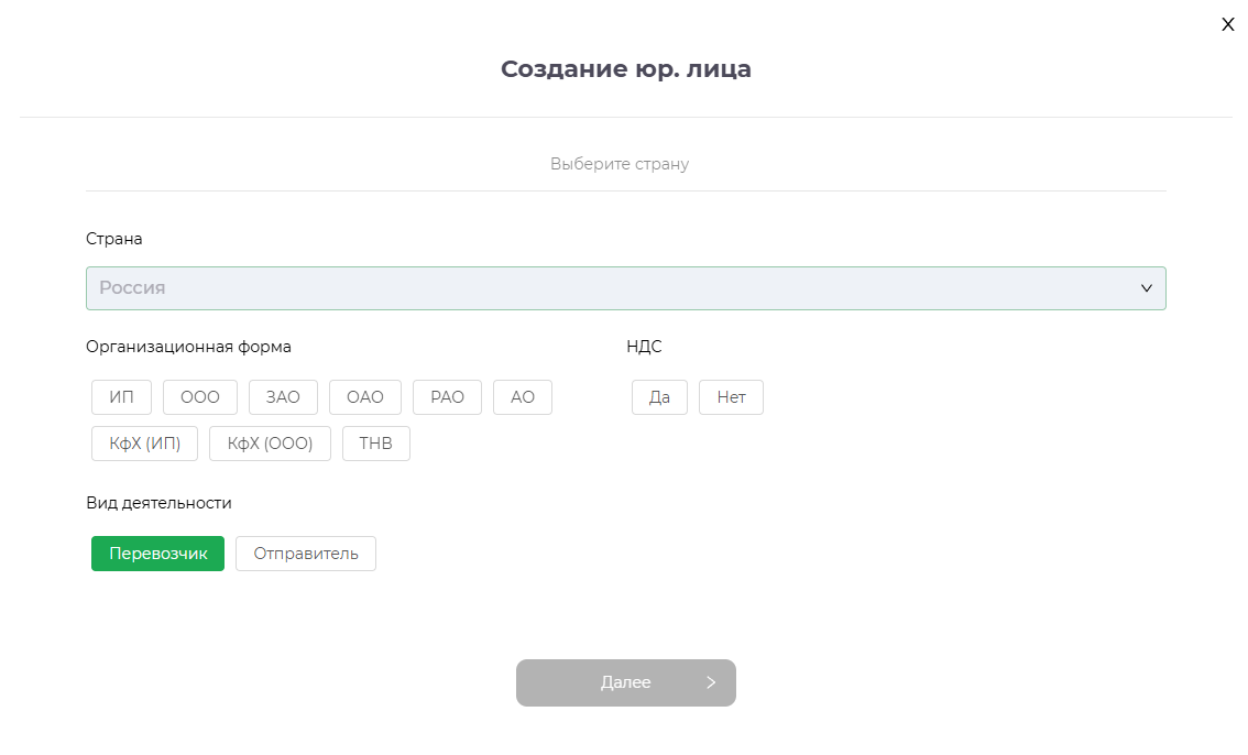 Основные параметры создаваемого юридического лица