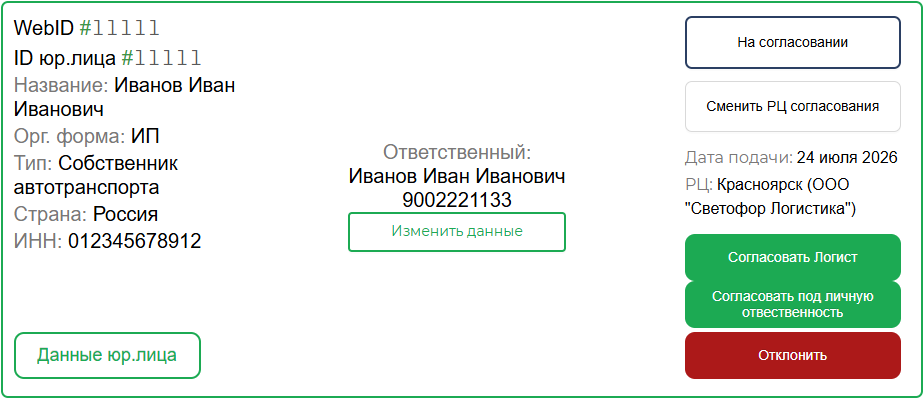 Карточка контрагента на согласовании